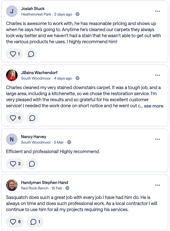 Nextdoor recommendations for Sasquatch Carpet Cleaning - Heathercrest Park, South Woodmoor neighbors