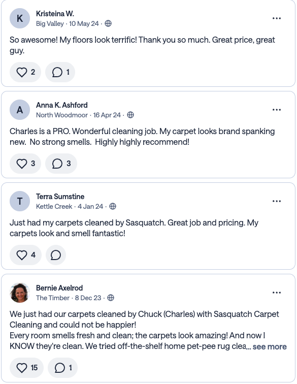 Nextdoor recommendations - Big Valley, North Woodmoor, Kettle Creek, The Timber neighbors