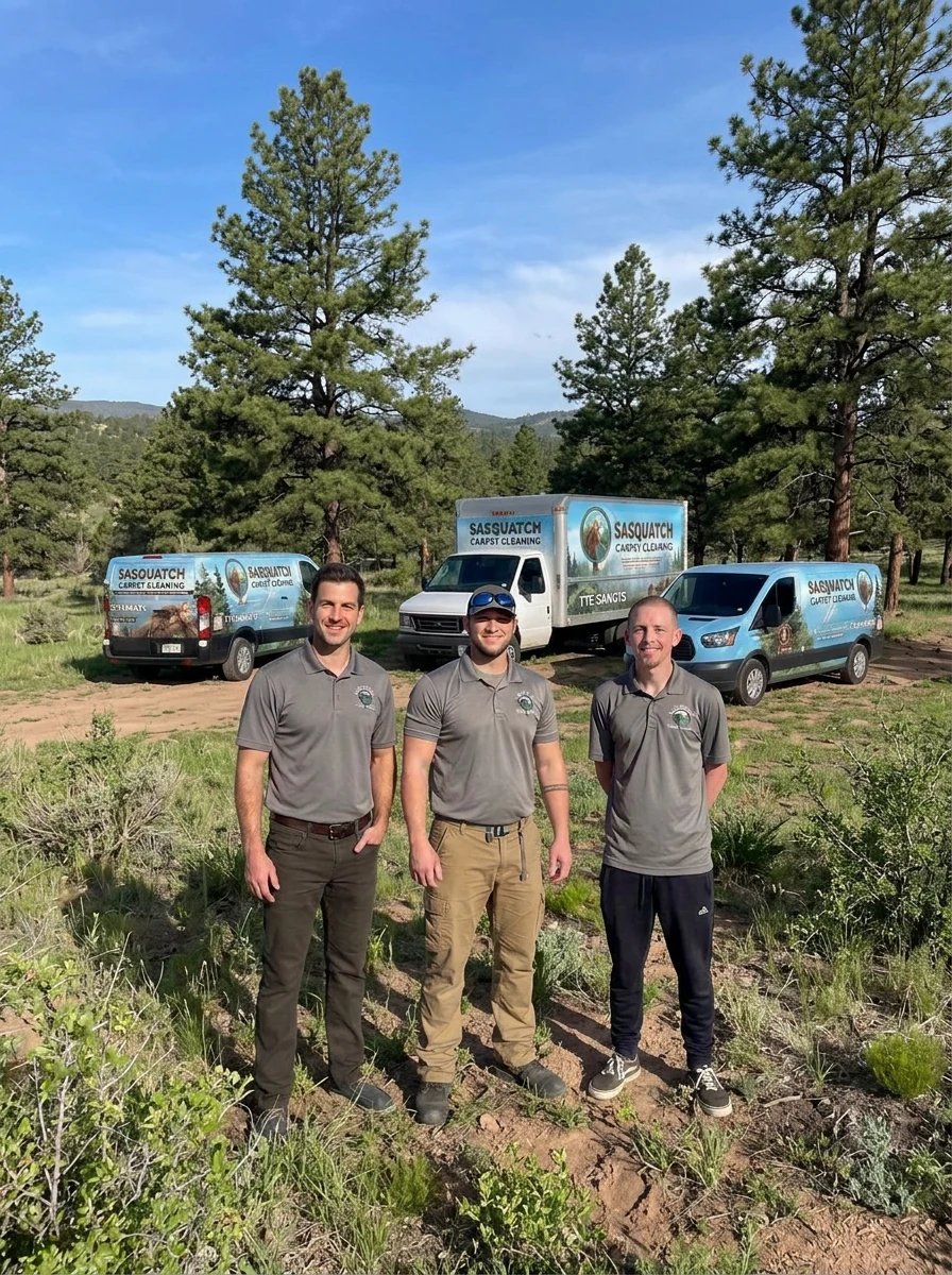 Three Sasquatch Carpet Cleaning team members standing in front of the company vehicles among Colorado pine trees