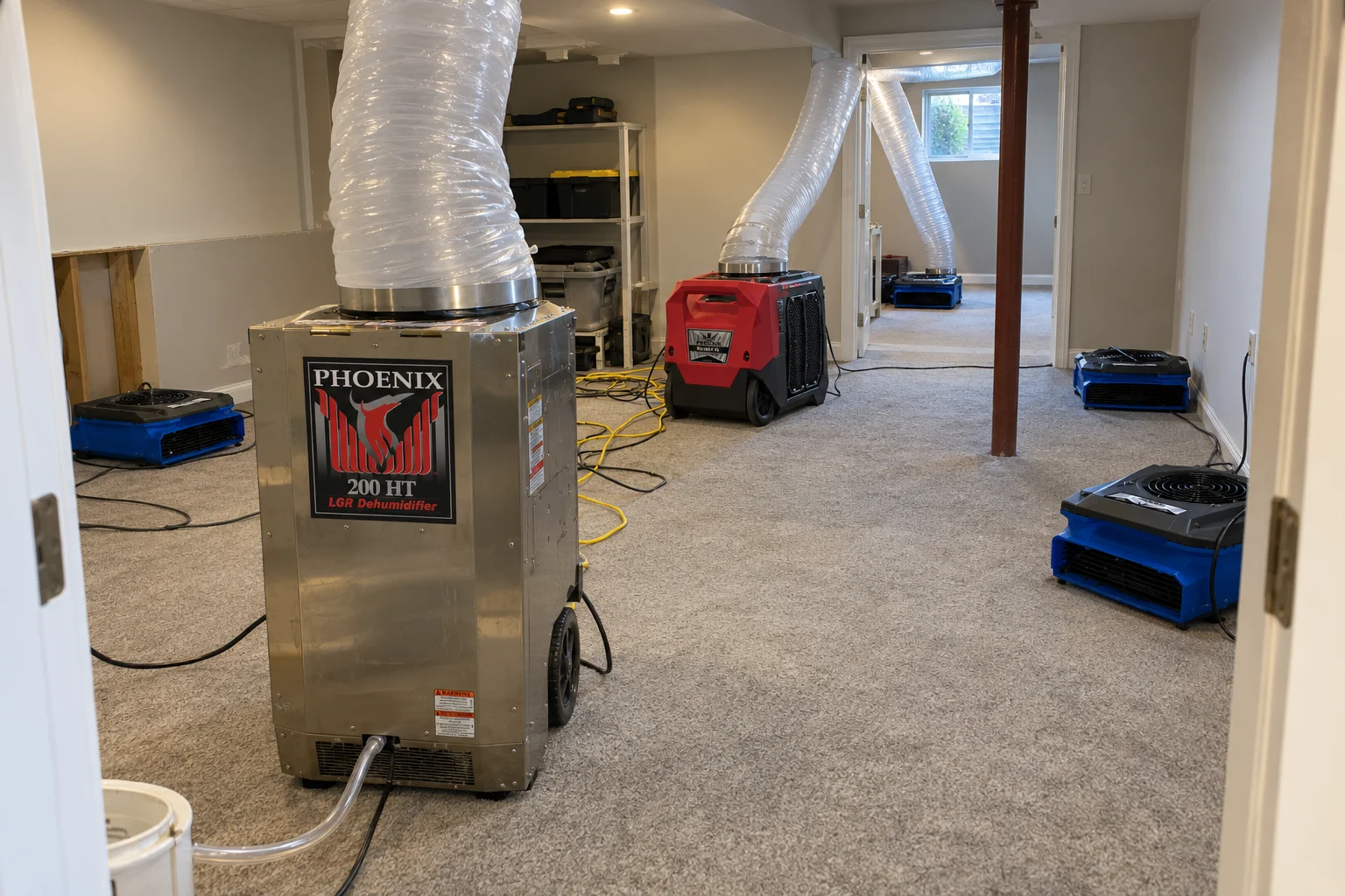 Illustration of Phoenix dehumidifiers, drying ducts, and low-profile air movers in a basement